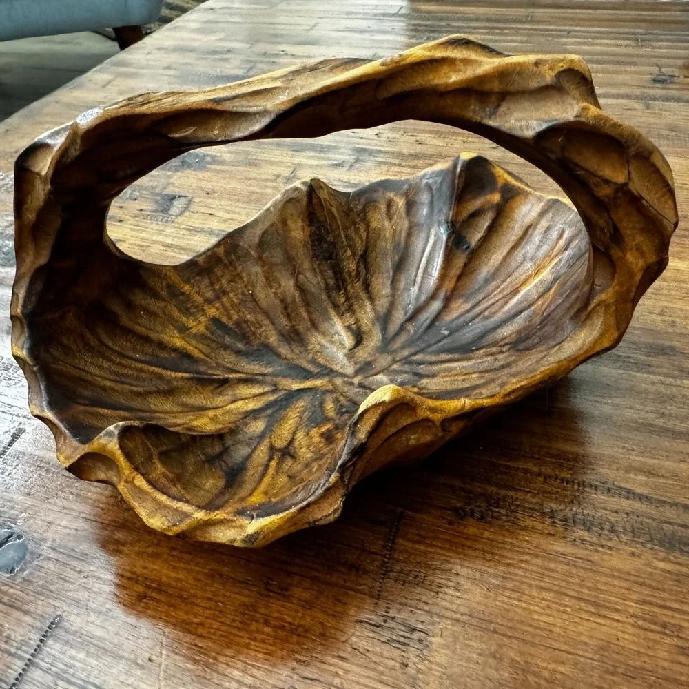 Hand Carved‎ Small Wood Basket Vintage 8